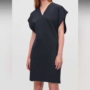 COS Women's Size Small Cap Sleeve Dress Navy Blue Ponte Knit Stretch Belted